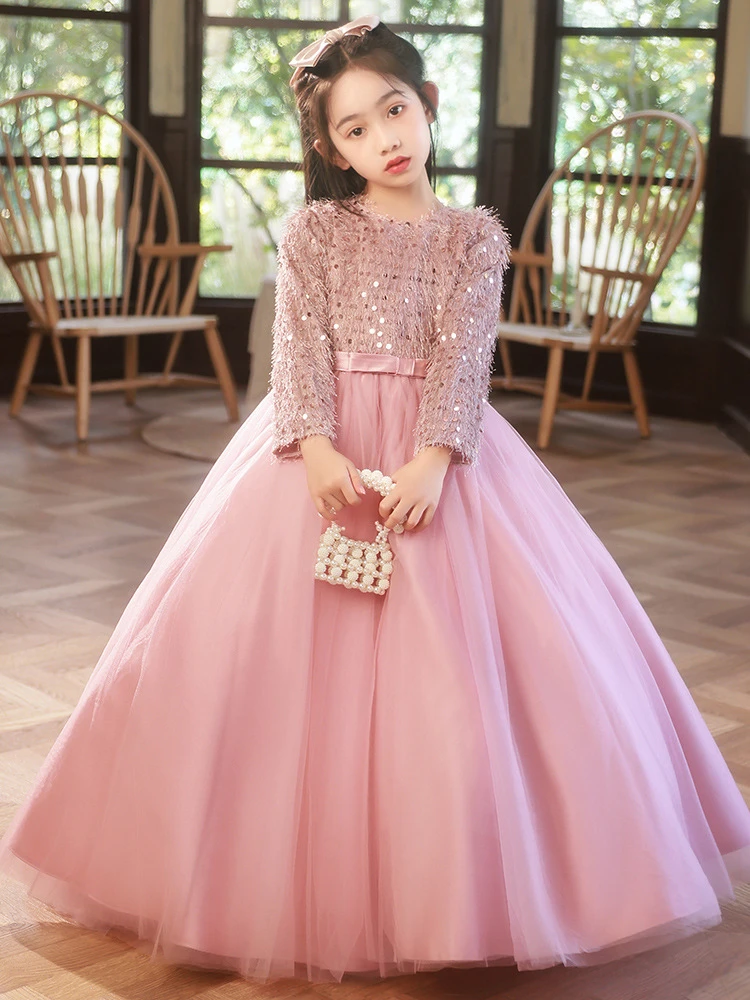 礼服公主裙花童生日女童长袖小主持人钢琴演奏高端秋粉色演出儿童