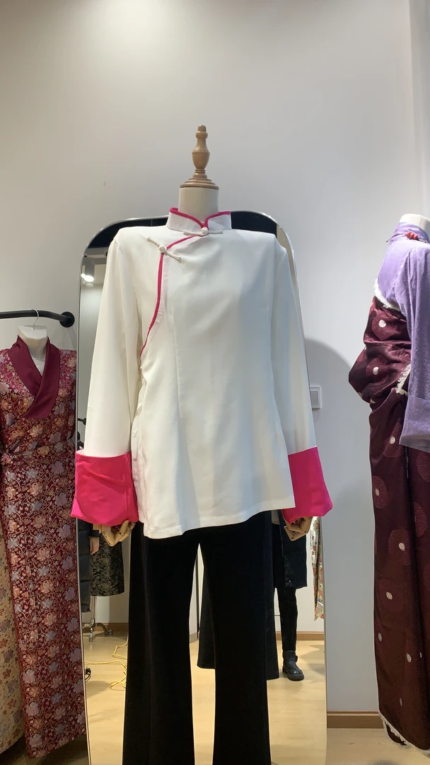 女士新款单层拼接气质休闲复古中式长袖宽松衬衣时尚上衣衬衫立领