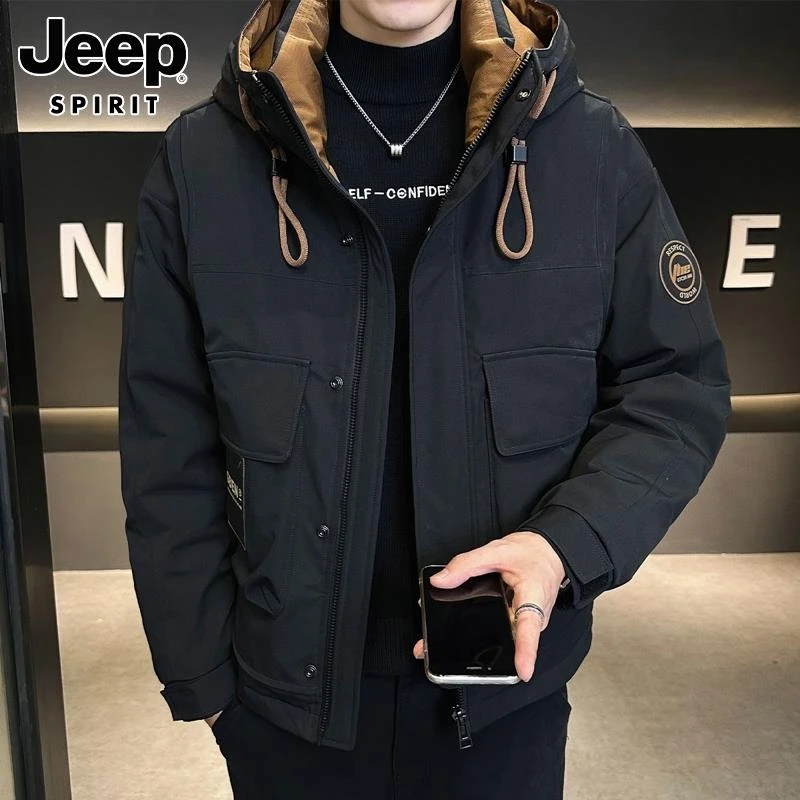 Jeep吉普秋冬季时尚春季白鸭绒保暖羽绒衣加绒休闲连帽加厚外套男