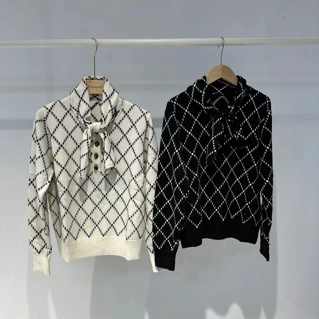 YANZ【优雅】秋季新款萎格领结长袖休闲舒适气质百搭针织衫30816