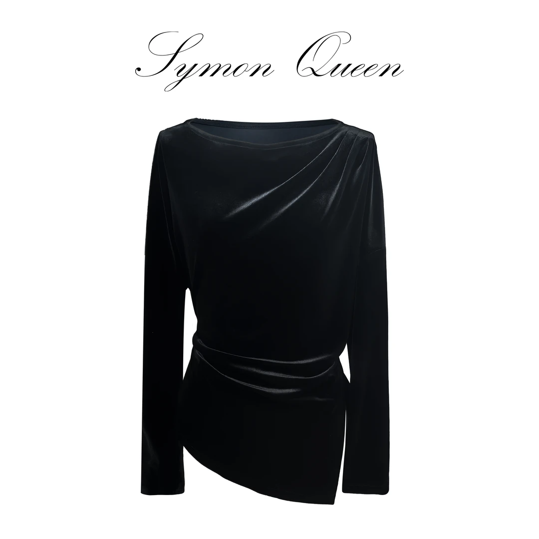 【SymonQueen】丝绒长袖女装气质时尚褶皱秋冬黑色女士轻奢洋气