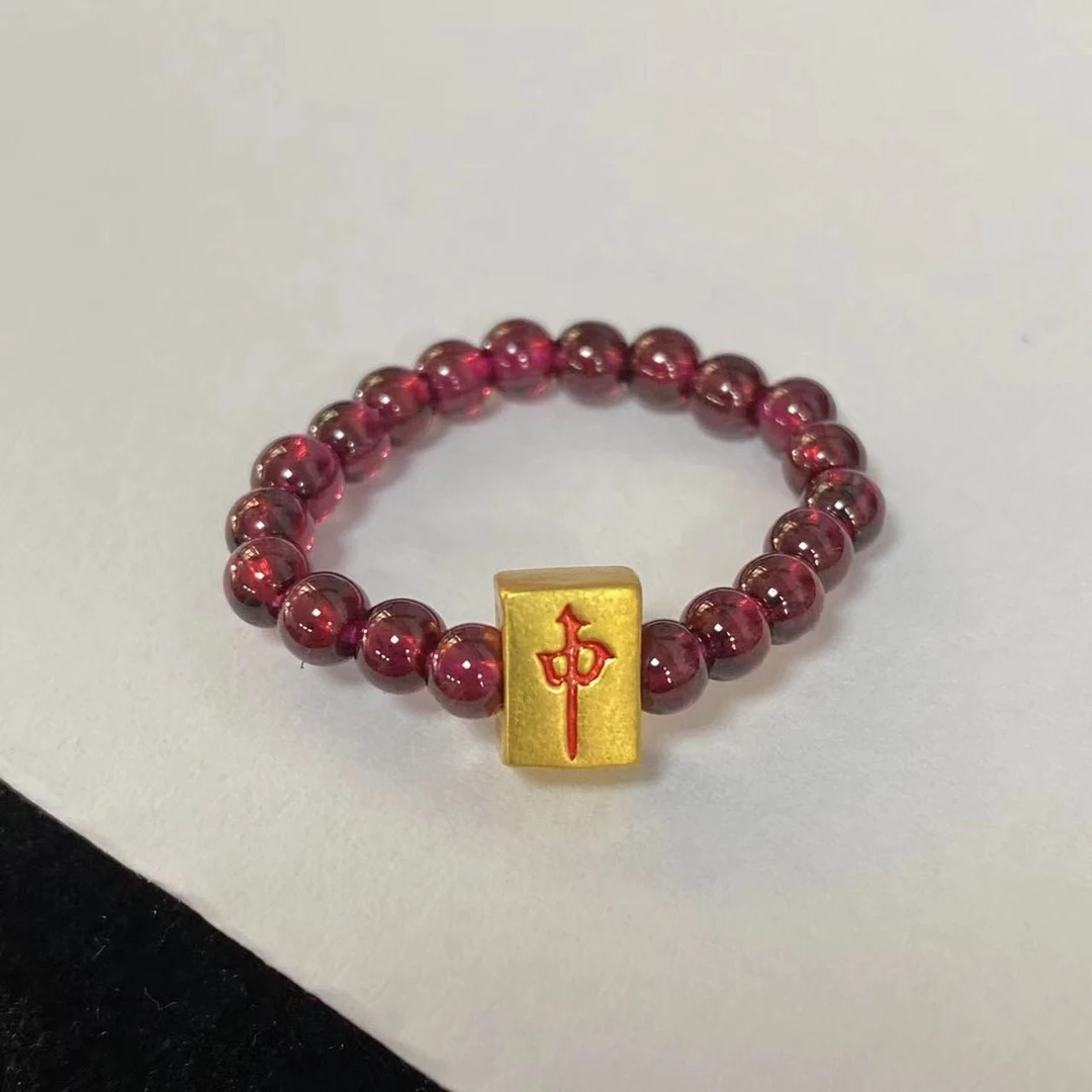 足金中发麻将石榴石戒指黄金首饰@@A108