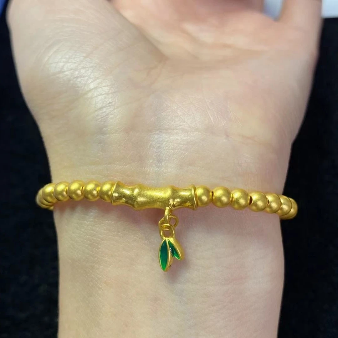 足金卡4古法珠42颗+绿叶子竹节金珠手串@@A329