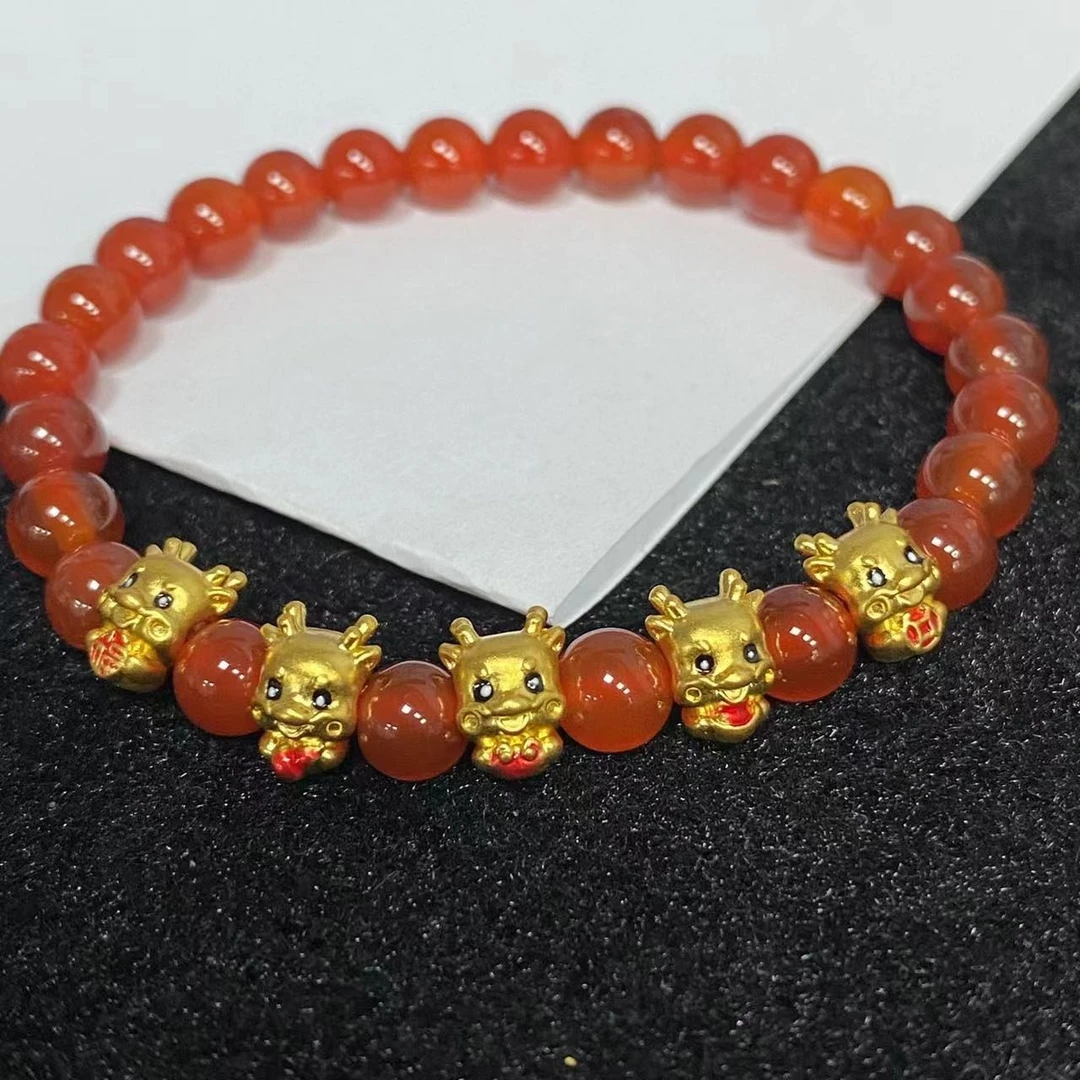 足金烧蓝五福龙 红玛 瑙手串@@A160