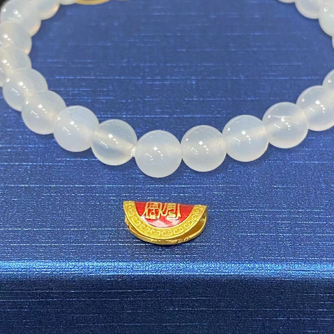 足金烧蓝太岁饺子白色玛瑙手串@@A169