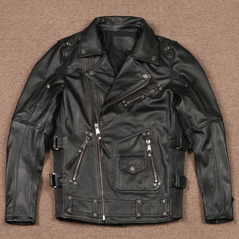 头层牛皮 男士真皮皮衣短款 修身机车痞帅皮夹克 翻领赛车服外套