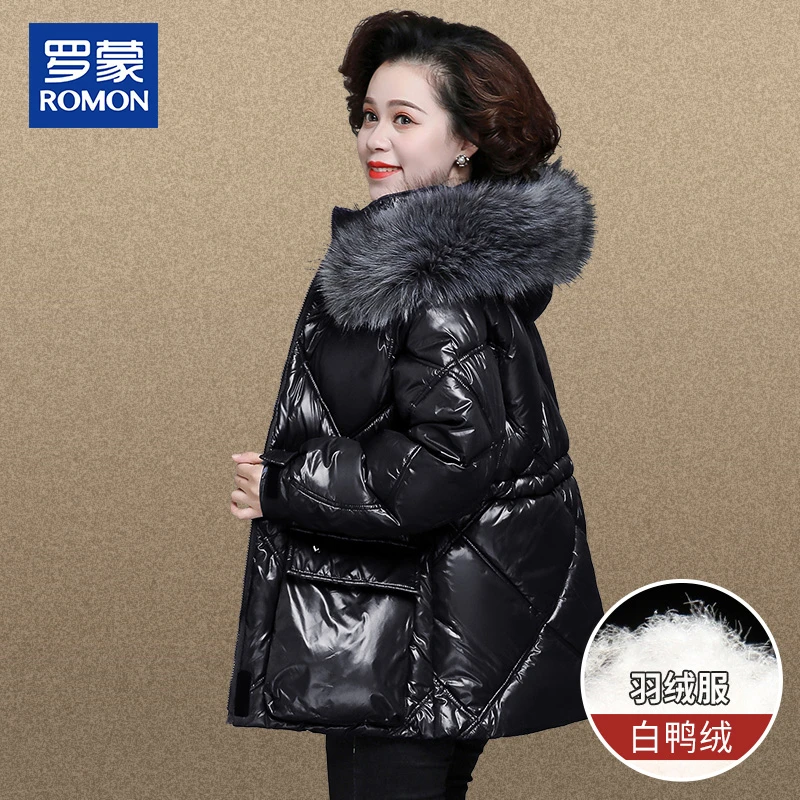罗蒙妈妈羽绒服短款中年冬季加厚外套新款中老年女冬装亮面小棉袄