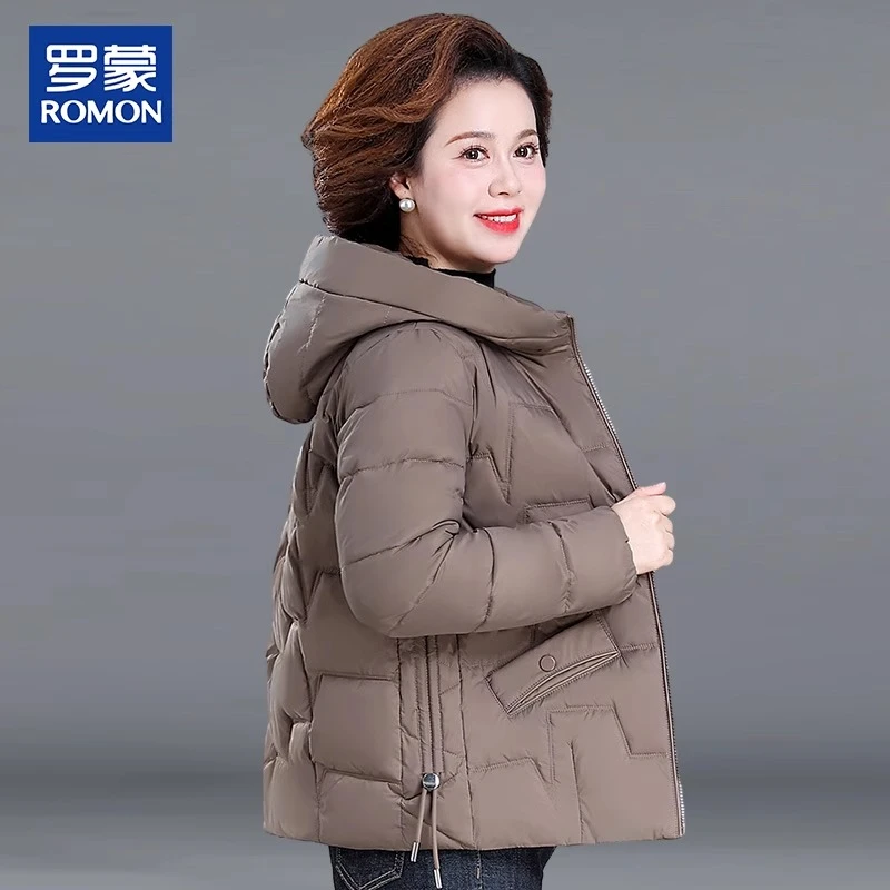 罗蒙名牌妈妈冬装加厚棉服洋气中年纯色新款外套中老年女时尚棉衣