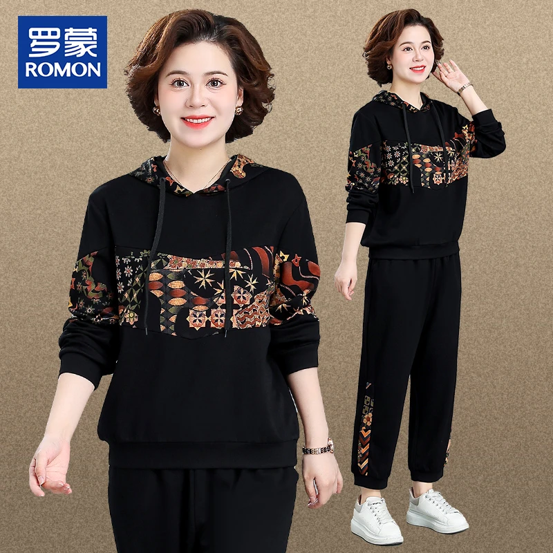 罗蒙春季中老年妈妈装连帽大码新款春秋季套装中年运动服上档次女