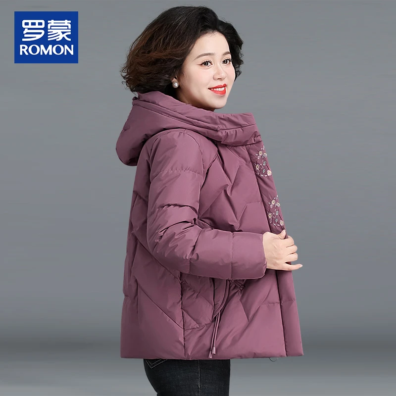 罗蒙高档妈妈冬季保暖棉服短款洋气中老年女冬装绣花白鸭绒羽绒服