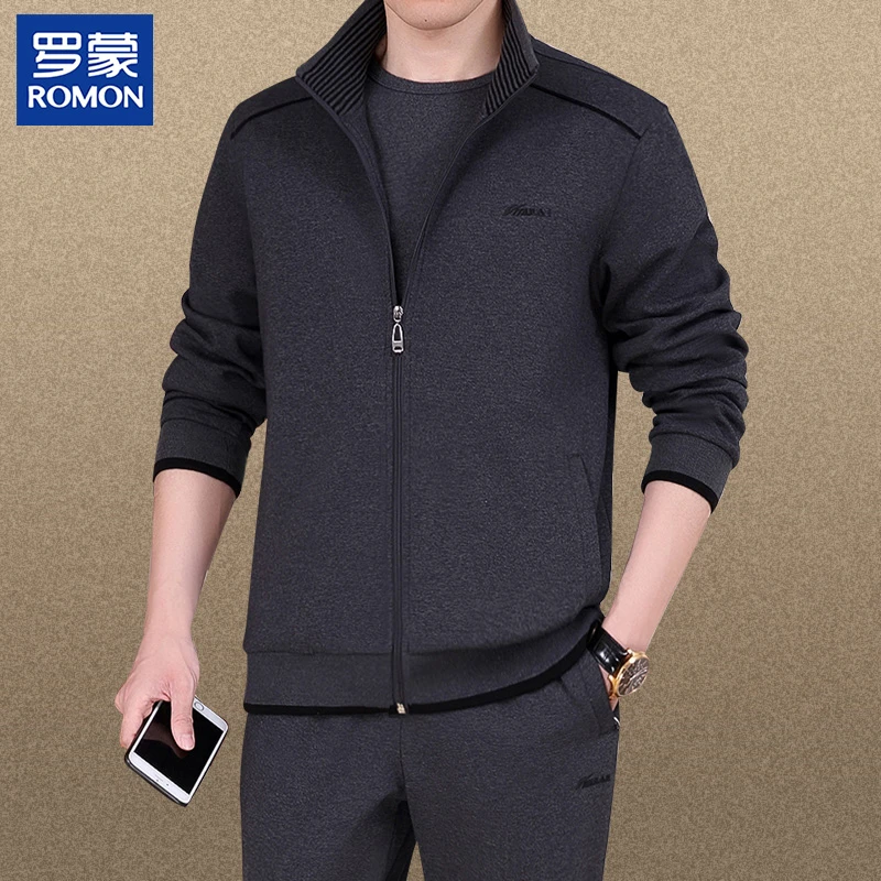 罗蒙爸爸春季名牌休闲运动套装男新款中老年男士春装上档次外套