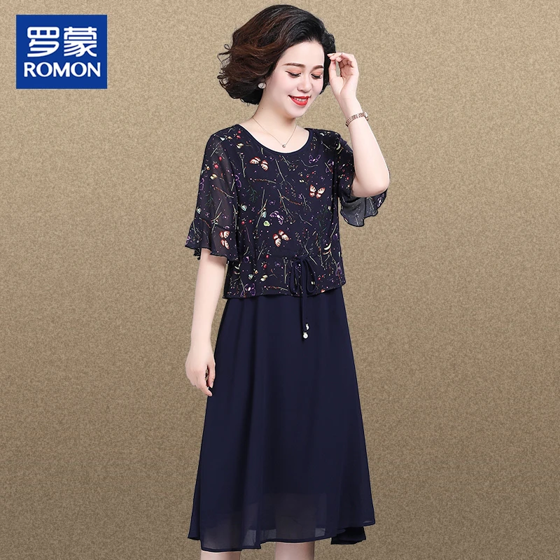 罗蒙妈妈装夏季超显瘦连衣裙2025新款中年长裙中老年女士高贵裙子