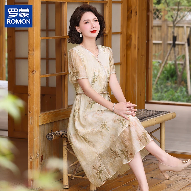 罗蒙妈妈装夏季高档连衣裙中年时尚收腰上档次长裙中老年女士裙子