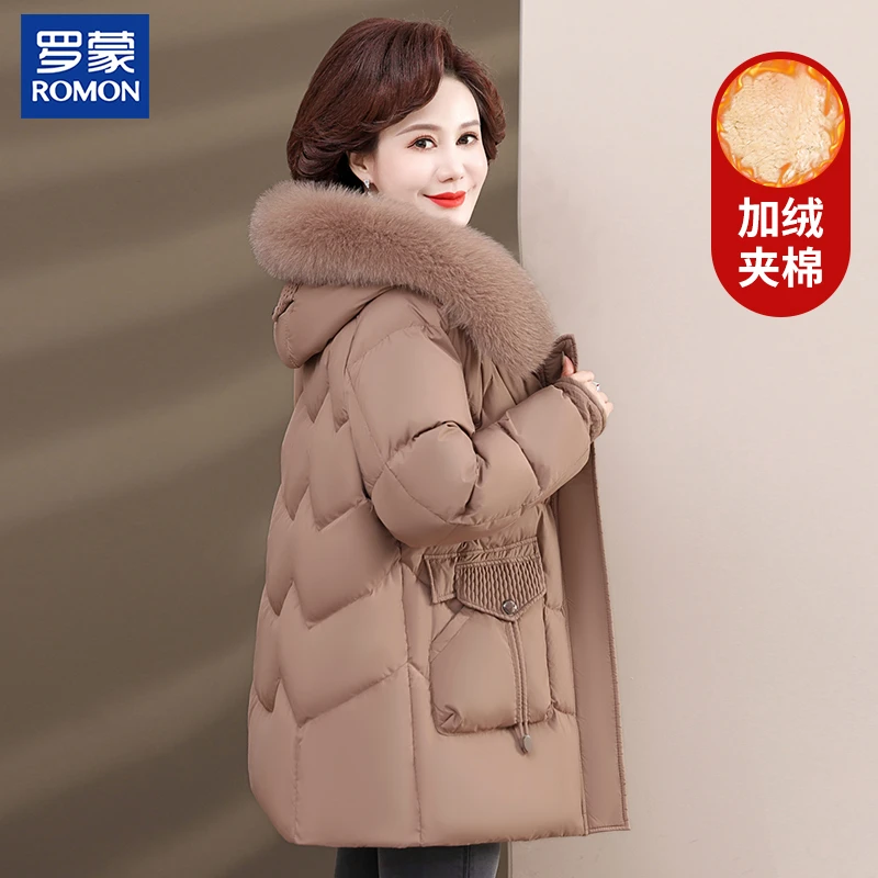 罗蒙妈妈冬季大毛领棉袄新款中年高档外套中老年女冬季时尚棉服
