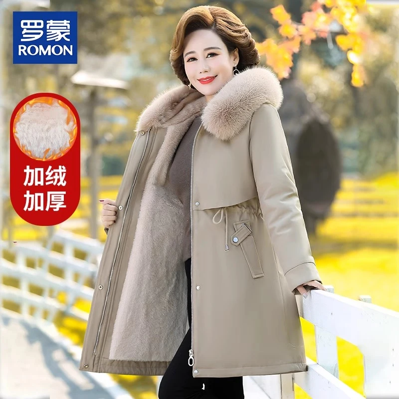 罗蒙中年妈妈冬装加绒加厚外套洋气派克服中老年女冬季棉衣中长款
