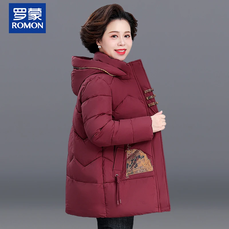 罗蒙妈妈冬装加厚保暖棉服外套新款女装中老年中长款连帽刺绣棉袄