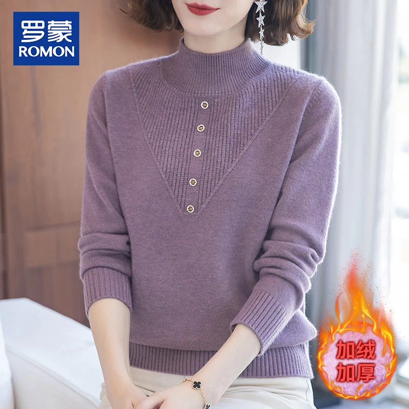 罗蒙妈妈春季打底衫外穿保暖半高领加绒针织衫中老年女春秋厚毛衣