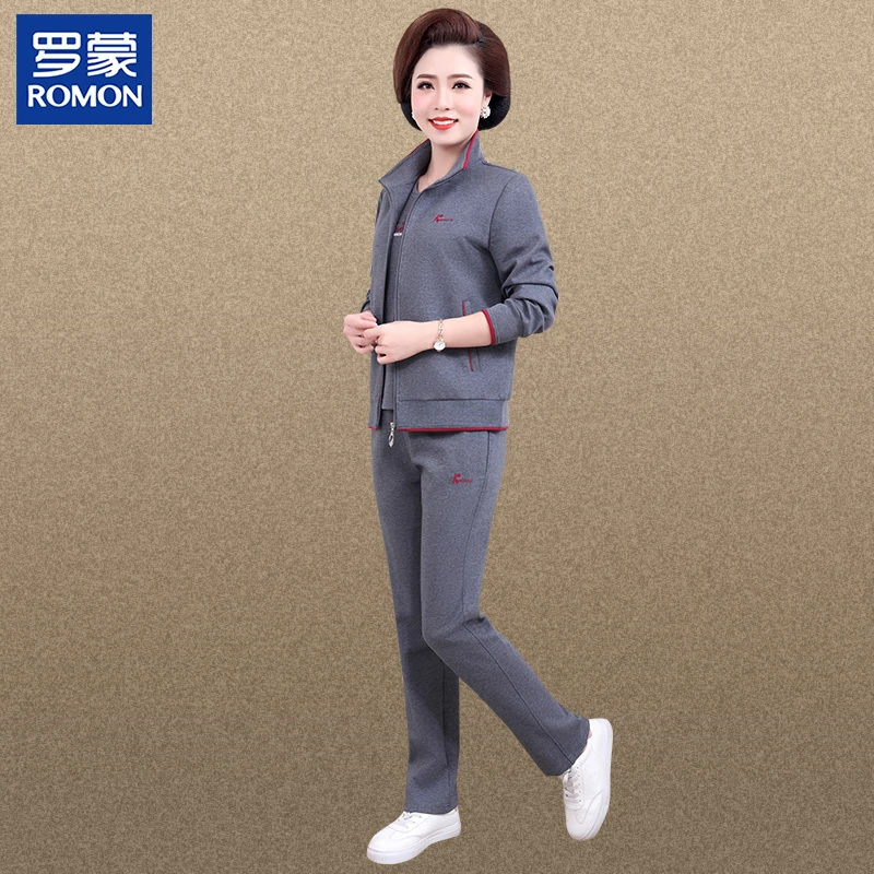 罗蒙中年妈妈春装外套洋气大码上衣三件套中老年春秋运动服套装女
