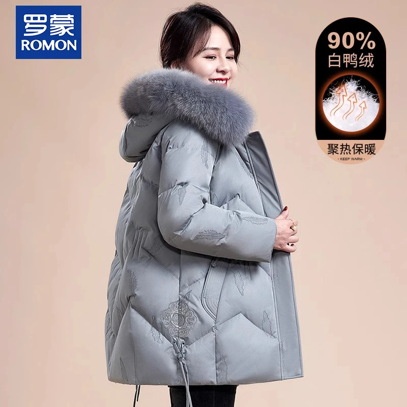 罗蒙妈妈秋冬带毛领羽绒服中年绣花外套中老年女冬季加厚白鸭绒服