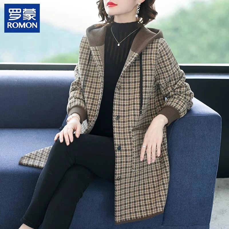 罗蒙高档妈妈春季双面呢外套中长款洋气中年格子风衣中老年女春装
