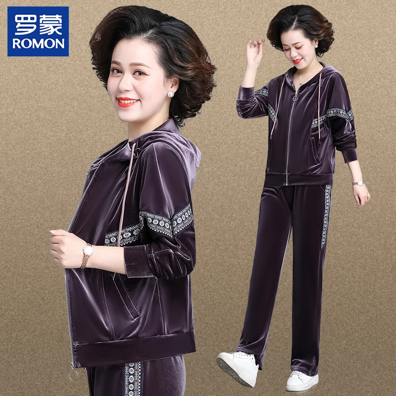 罗蒙妈妈装春季运动两件套2025新款中老年女春秋季金丝绒连帽套装