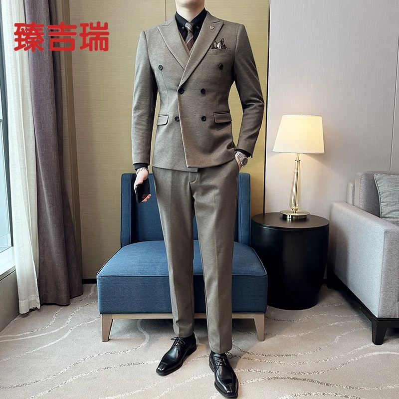 秋冬季毛呢双排扣西服套装男韩版修身婚礼西装戗驳领上班礼服男士