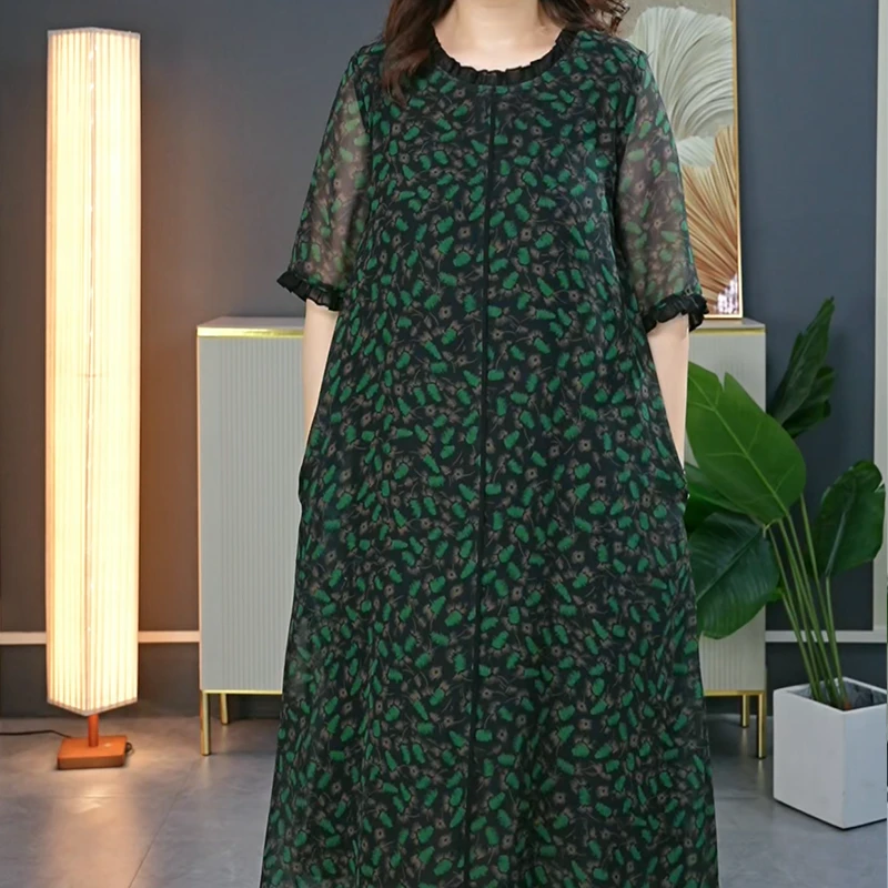 大码女装短袖气质圆领显瘦宽松碎花连衣裙0040