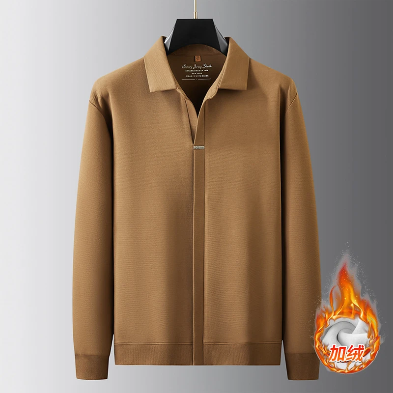 新款加肥加大码男装长袖T恤休闲肥仔打底衫轻奢宽松翻领加绒卫衣