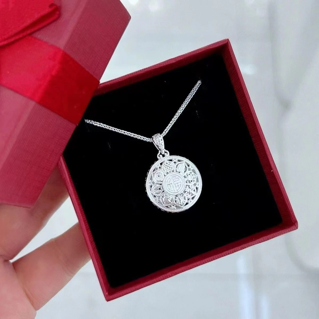 坠链均足银 足银莲花八宝罗盘配肖邦项链锁骨链银色吊坠男女同款