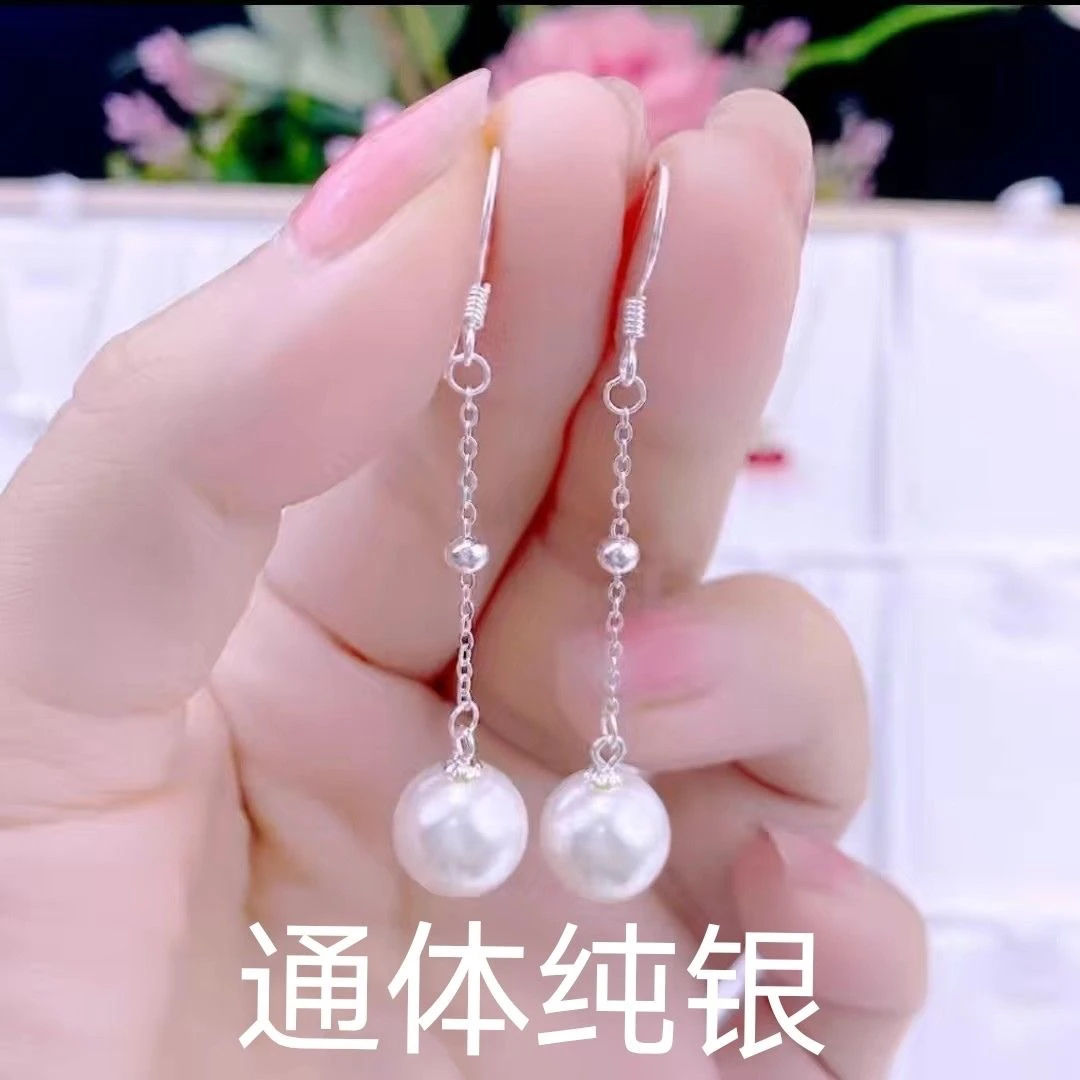 足银仿珍珠耳饰 足银贝珠4厘米耳钩气质简约韩版素款防过敏轻奢