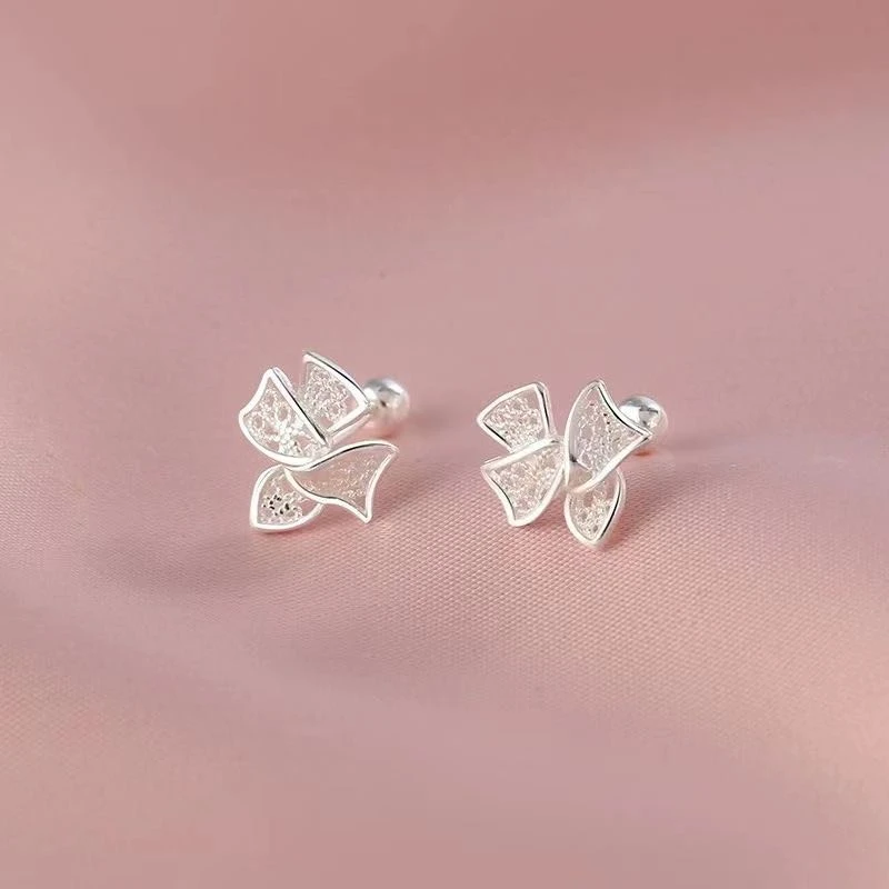 足银耳饰 足银耳饰小众足银耳饰足银蝴蝶结拧豆耳钉气质耳环珍珠