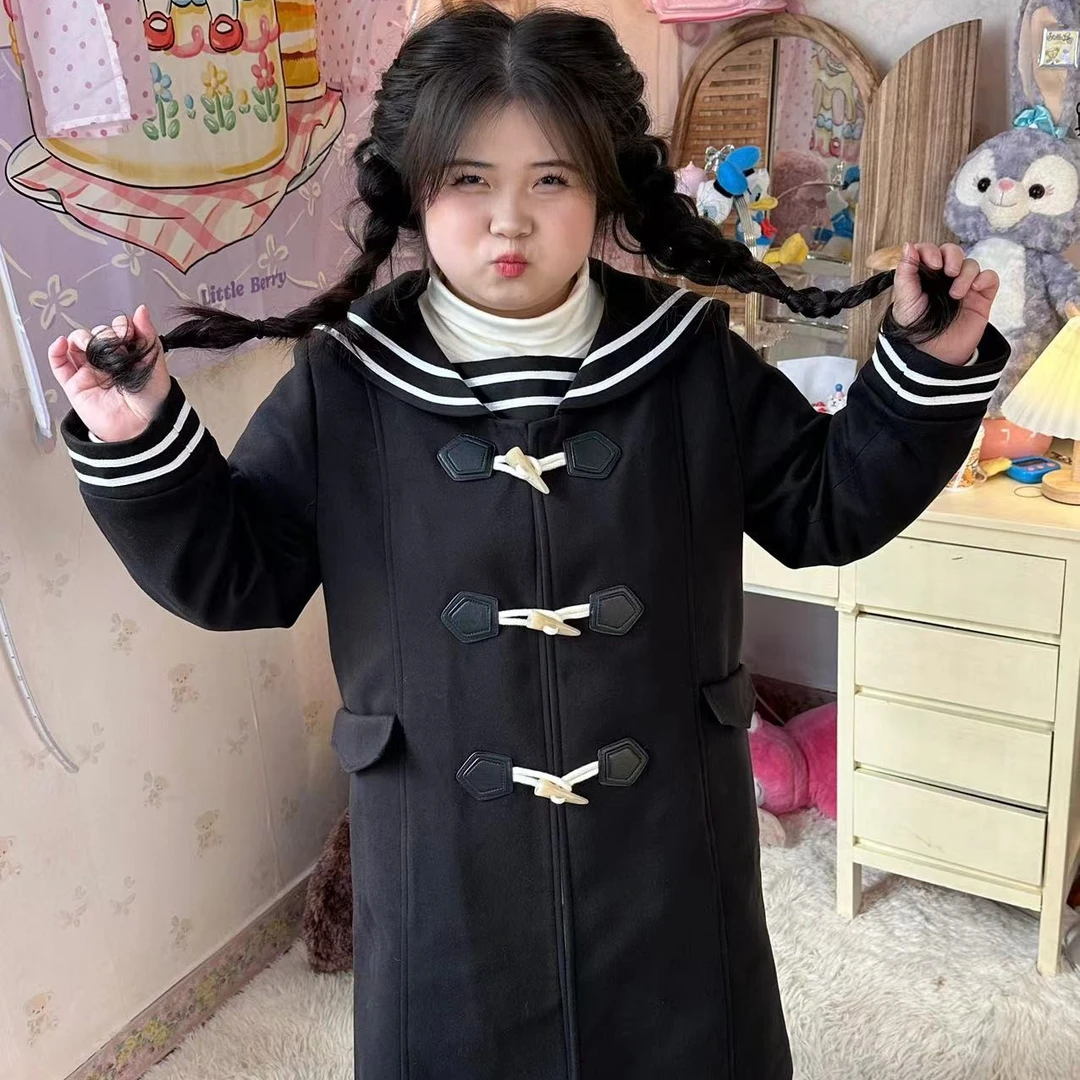黑呢子大衣夹棉保暖秋冬海军领大衣微胖复古大码正肩时尚学院风
