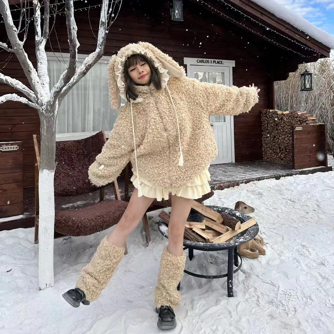 泡面兔秋冬厚外套毛绒加厚反季拉链兔耳连帽加绒复古宽松上衣保暖