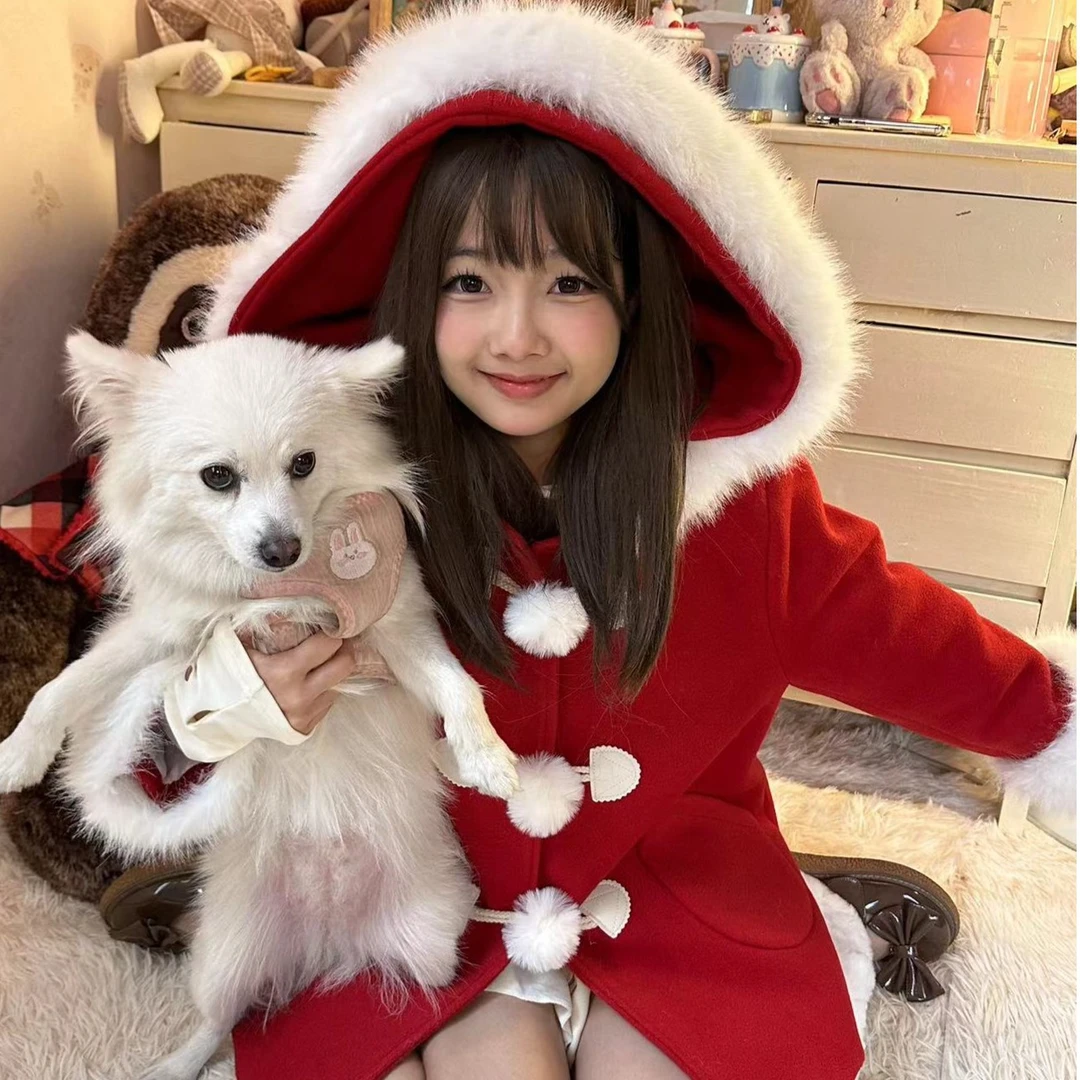 女巫来信反季毛呢大衣夹棉加厚正肩显瘦毛球毛领连帽可爱秋冬复古