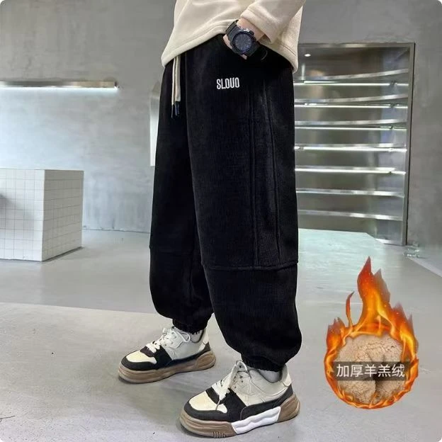 男孩儿冬季加绒加厚裤子2024新款儿童保暖长裤一体羊羔绒一条过冬