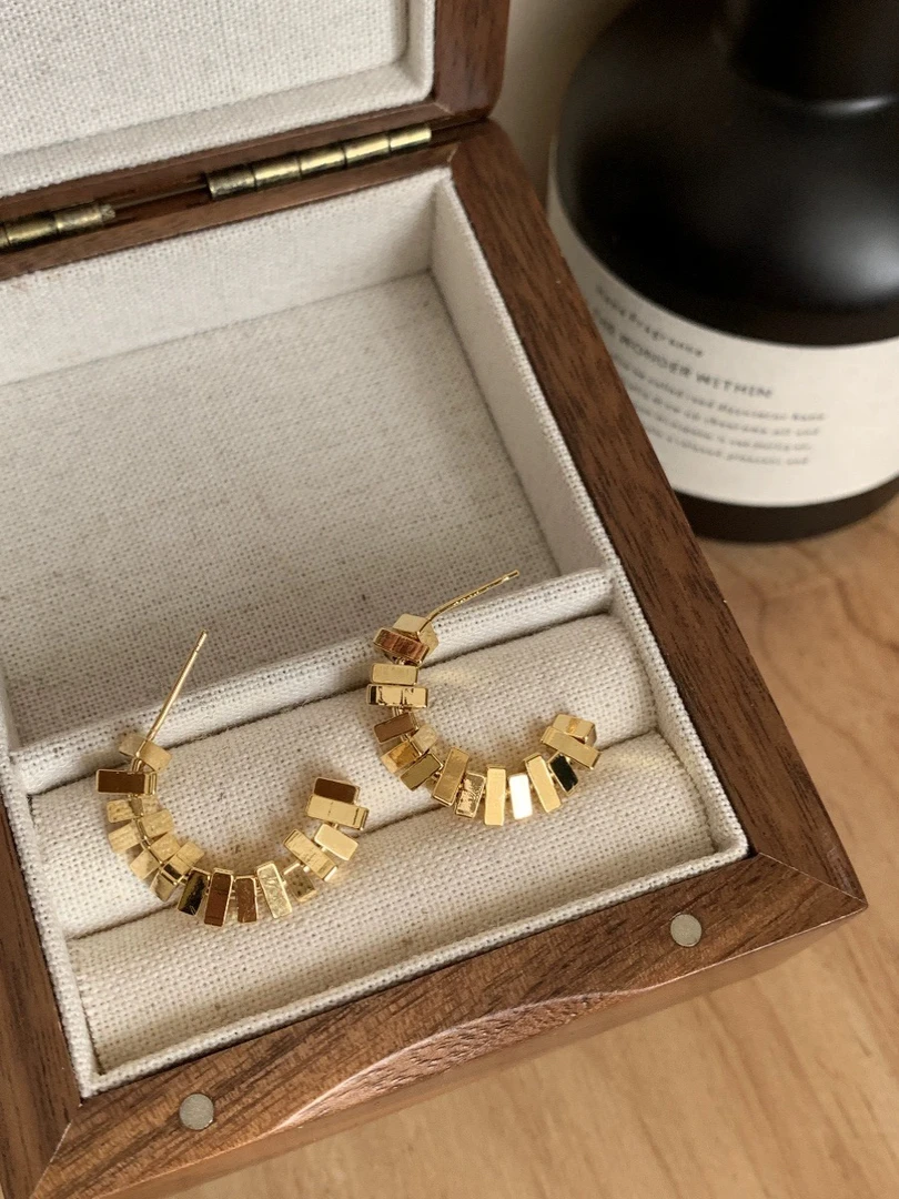 铜合金耳饰 金属冷淡风几何方形碎银子耳环小众设计耳饰高级耳圈
