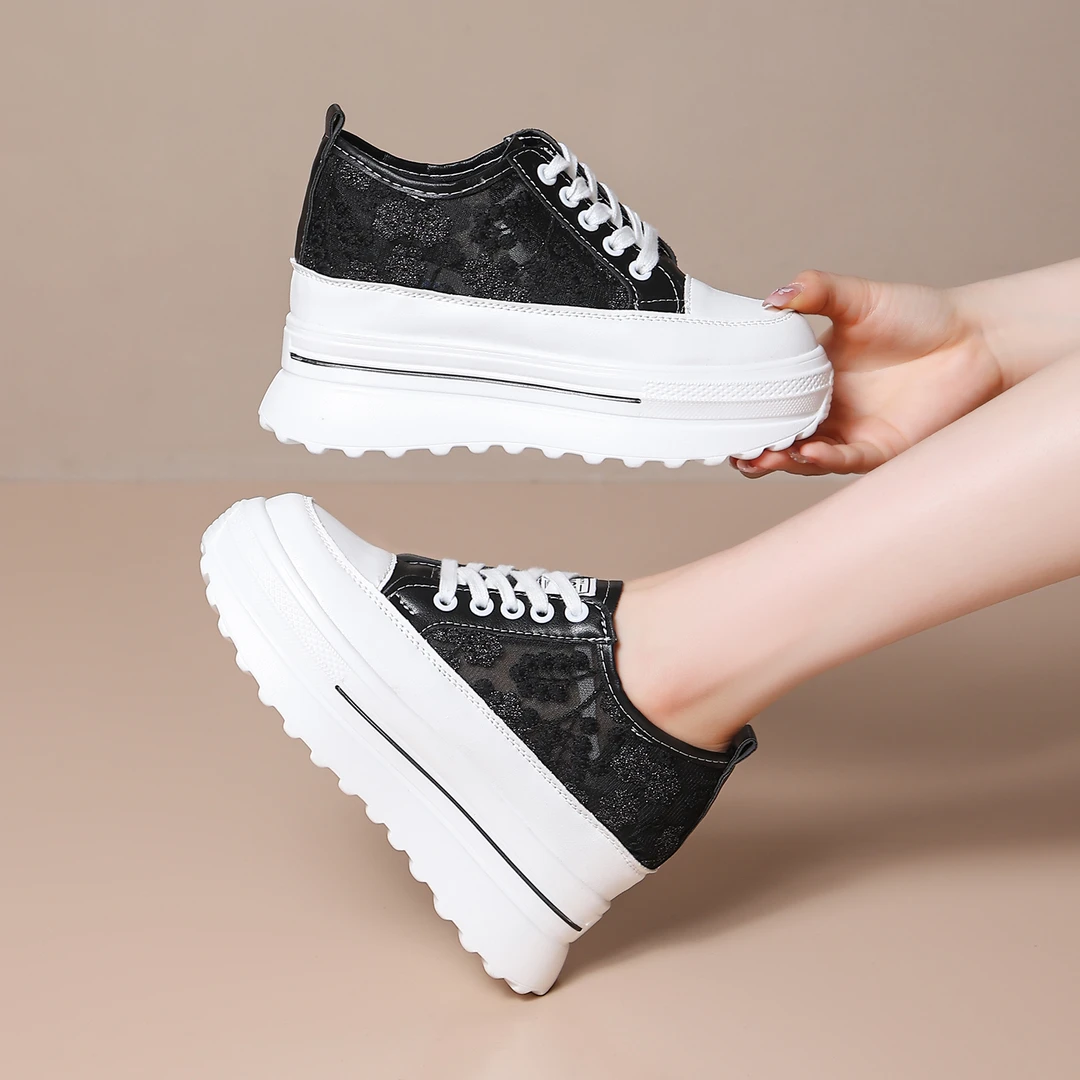 跟高10厘米夏季新款蕾丝网面透气内增高小白鞋时尚百搭厚底休闲鞋