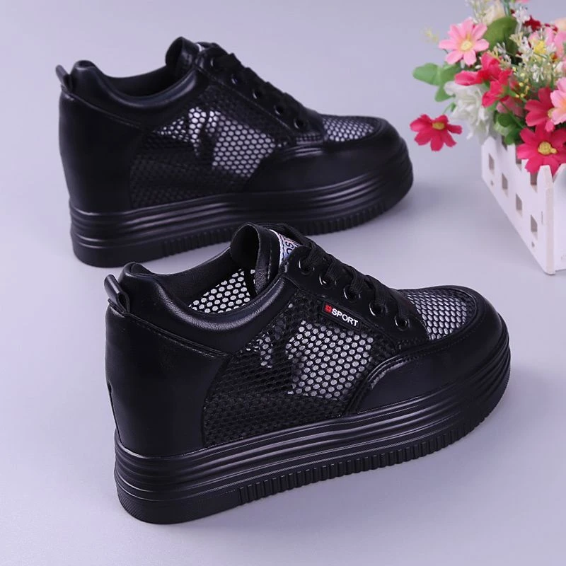 内增高女鞋夏季网面透气厚底松糕全黑色工作鞋镂空显瘦百搭显高潮