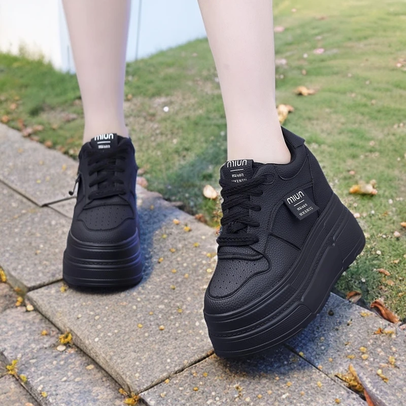 跟高12厘米春秋新款百搭时尚小白鞋超高跟黑色休闲女鞋女士厚底鞋