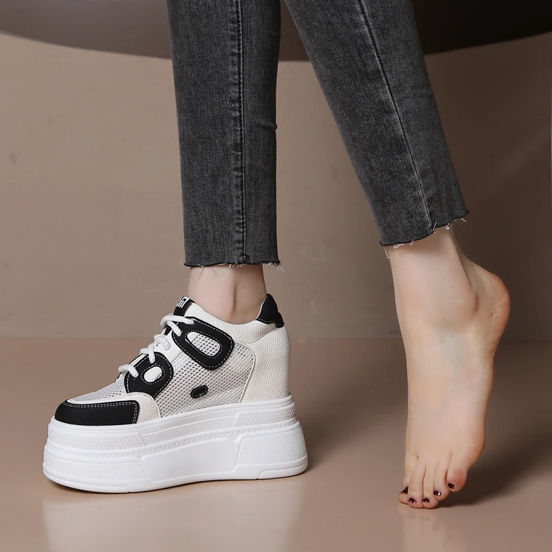 跟高12厘米小白鞋夏季网面透气百搭厚底松糕鞋时尚韩版薄款休闲鞋