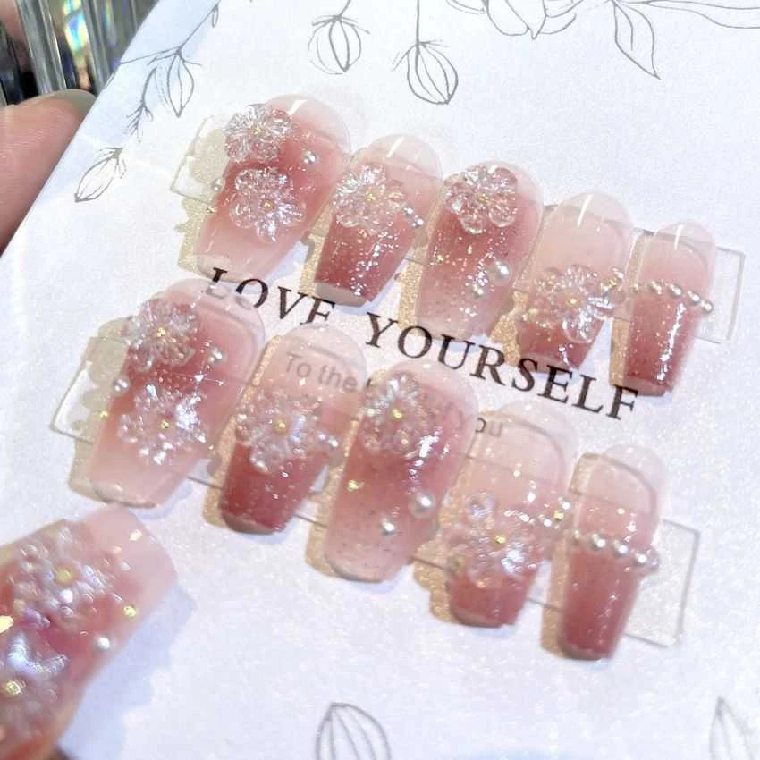 新款小清新美甲穿戴甲ins高级纯欲风闪粉指甲贴片花朵珍珠美甲A3