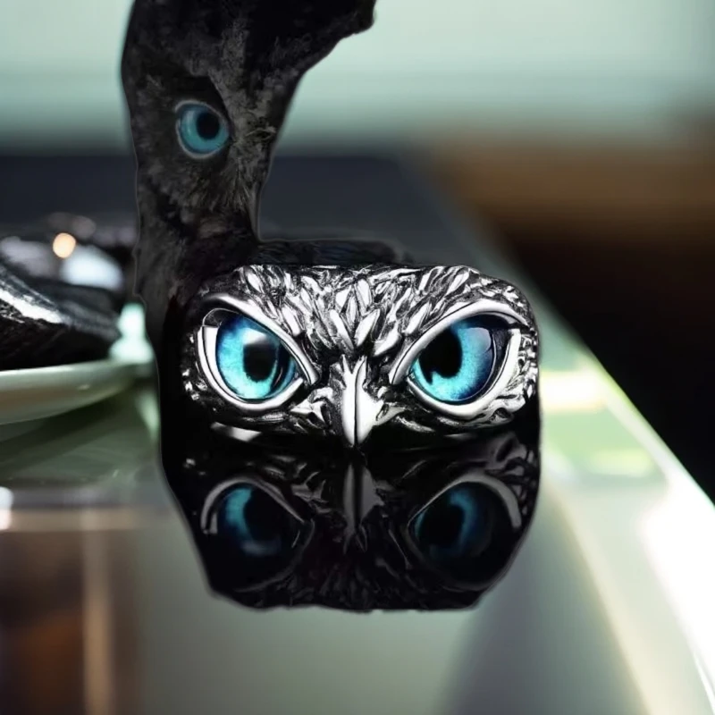 男女同款复古猫头鹰男女潮流男士戒做旧蓝色眼