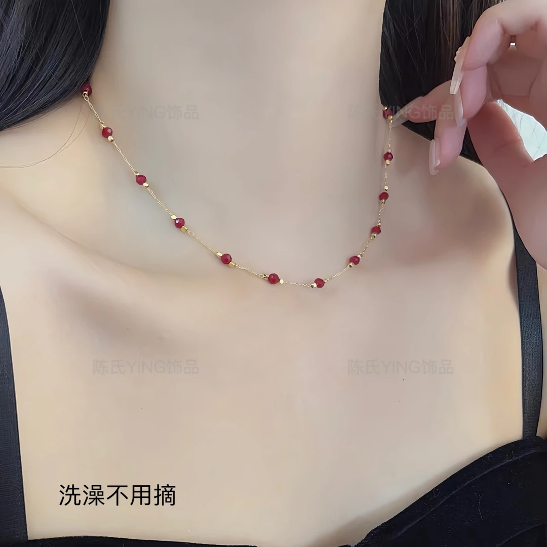 钛钢项链 【洗澡不用摘】高级感法式轻奢红色尖晶间隔圆珠时尚项链