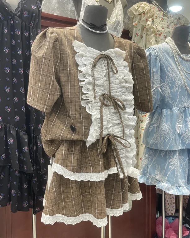 夏季复古小香风蝴蝶结蕾丝木耳边套装绑带短袖两件套