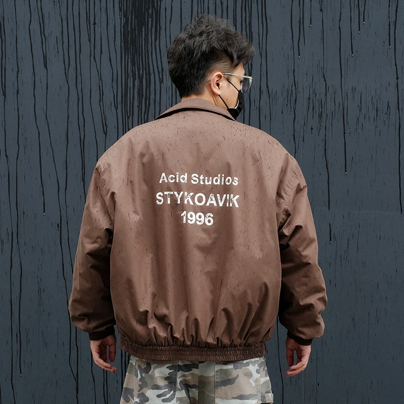 美式复古经典棉衣外套男秋冬设计款宽松短款印花休闲阔版教练夹克