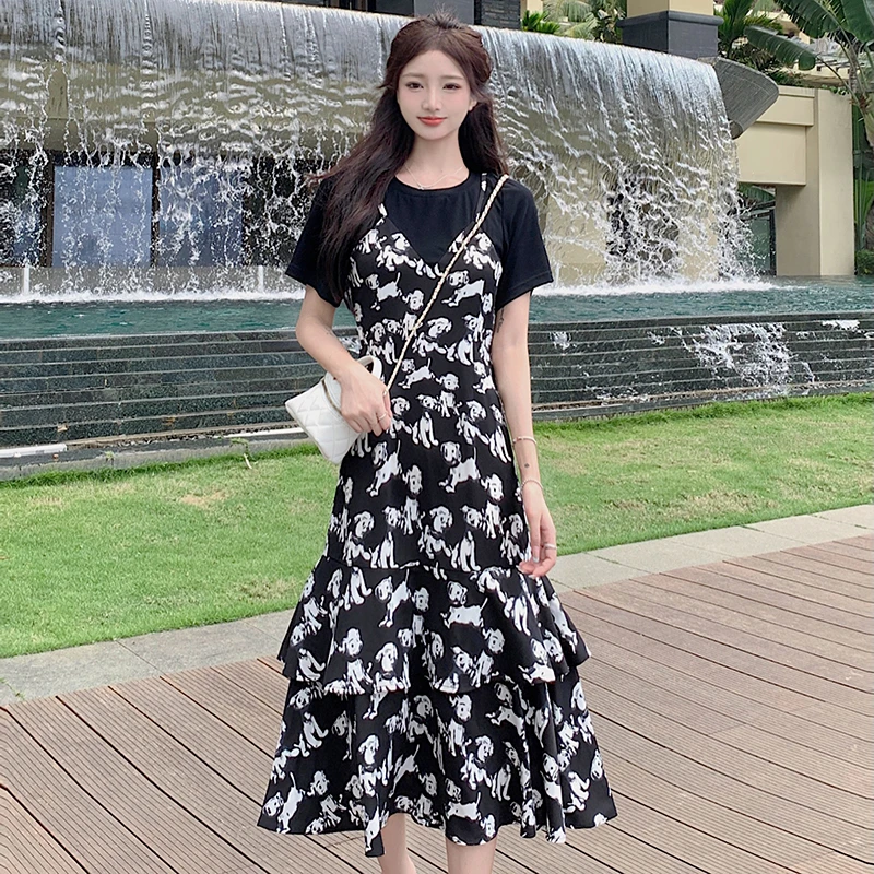 SS15010大码连衣裙女夏装假两件碎花遮肚子吊带连衣裙女装连衣裙
