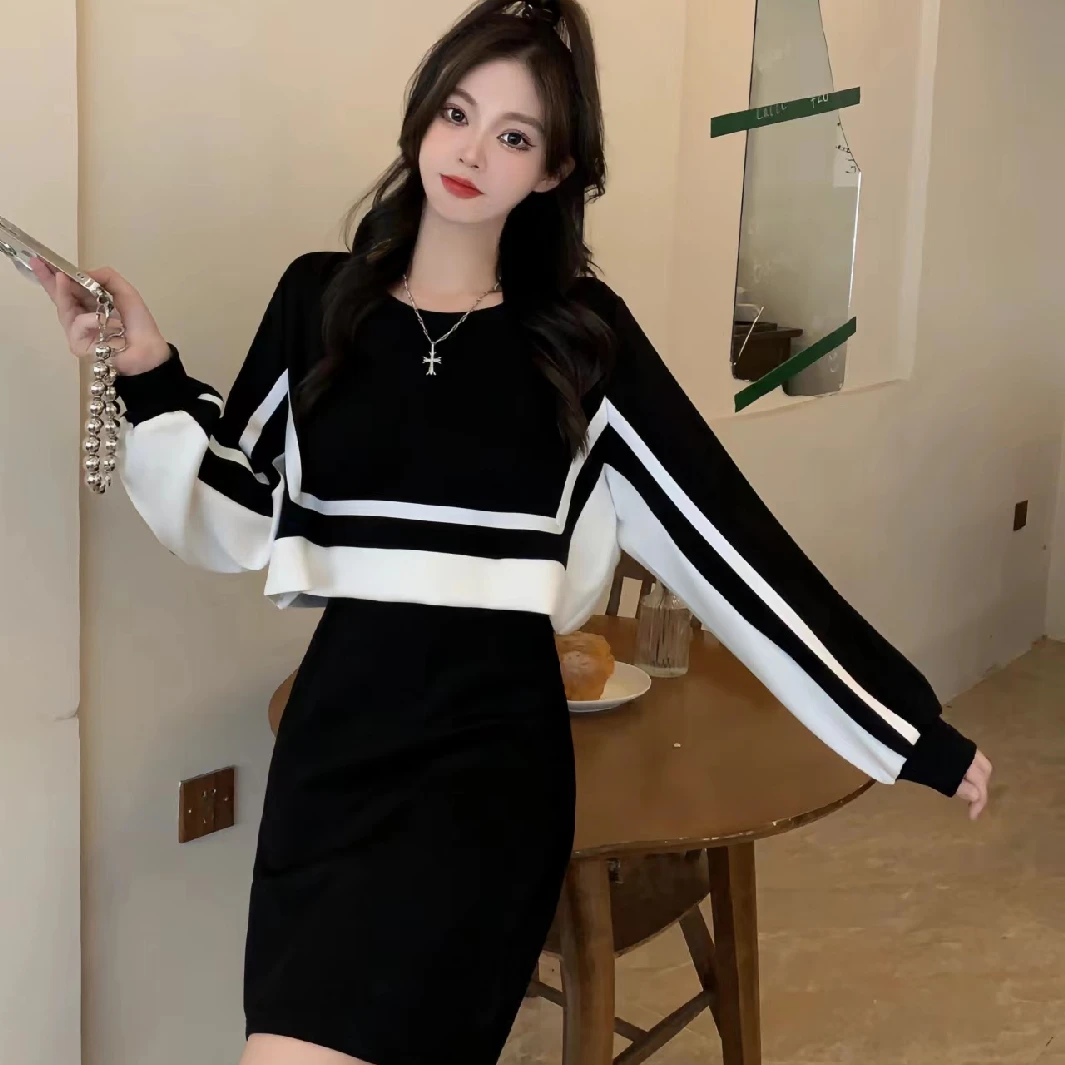 SS1857专享1大码MM秋季新款气质高档遮肚子微胖显瘦假两件连衣裙