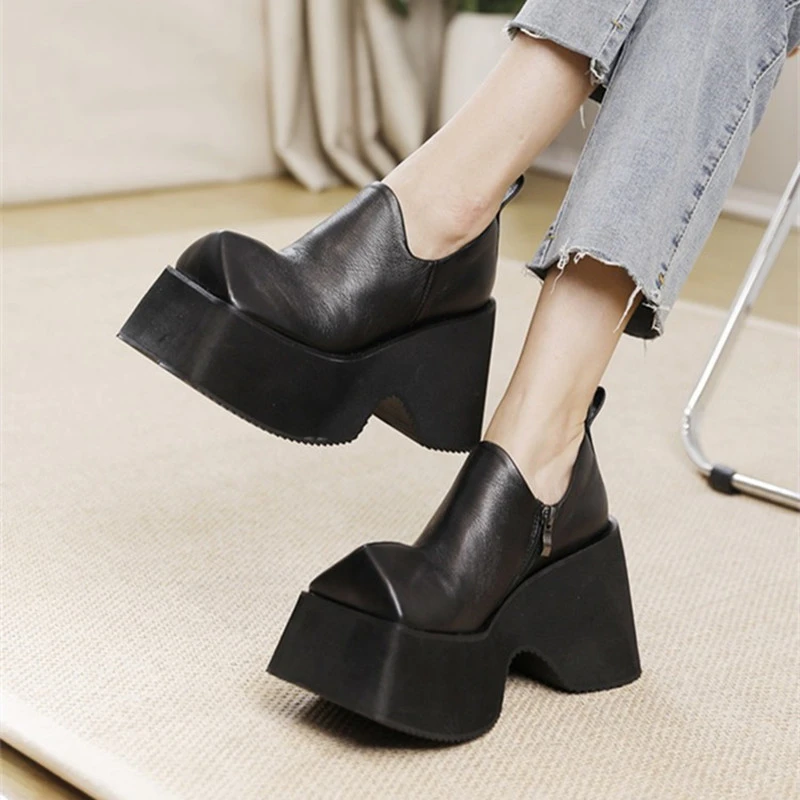 复古方头松糕鞋真皮10CM超高跟厚底休闲鞋女头层牛皮时尚百搭单鞋