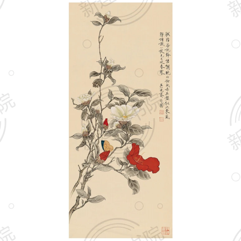 《红白茶花》清末 于非闇 ，中国古代高清书画复刻，支持私人订制