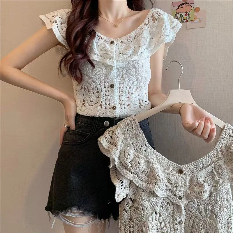 夏季小个子短款时尚上衣小香风荷叶边V领镂空花边蕾丝背心女外穿